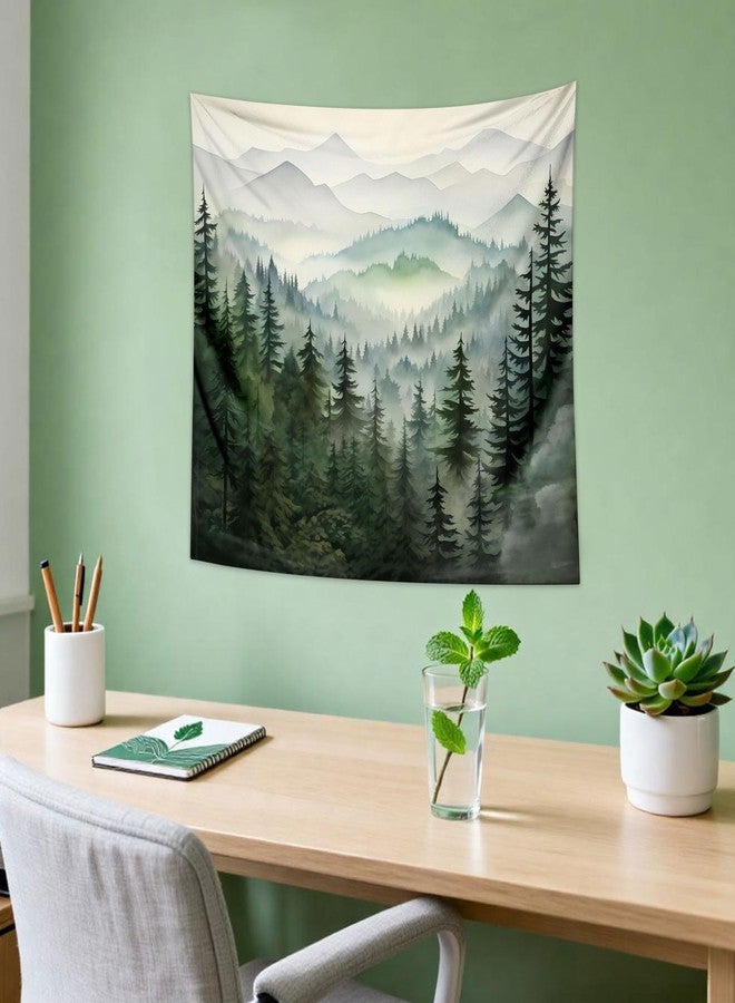 QGHOT Forest Tapestry Nature Mountain Tapestry Wall Hanging Sage Green Watercolor Landscape Wall Art for Bedroom Living Room Decor 59.1"x51.2" - Image 2